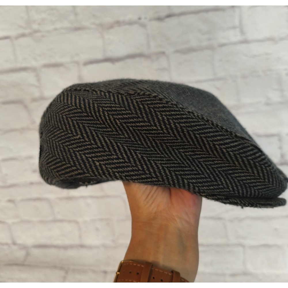 Broner Herringbone Wool Blend Newsboy Cabbie Cap Hat Black Gray XL Ear Flaps